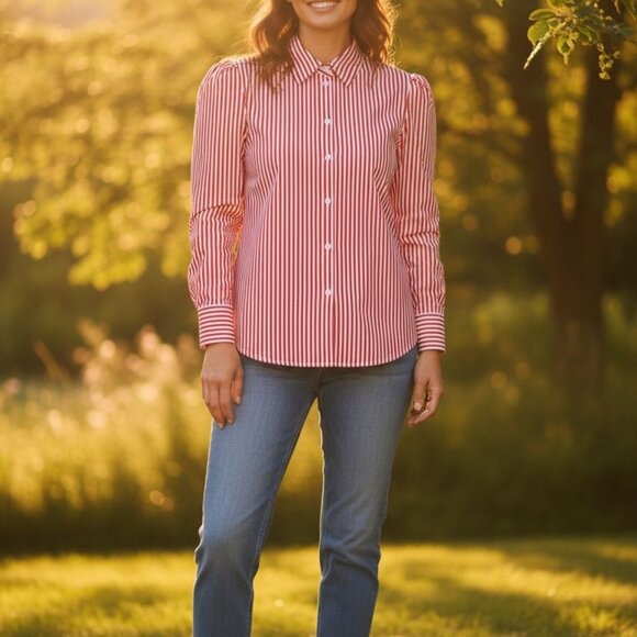 Evan-Picone Petites Vintage Red & White Striped Button-Up Long Sleeve Shirt Size - Picture 6 of 14